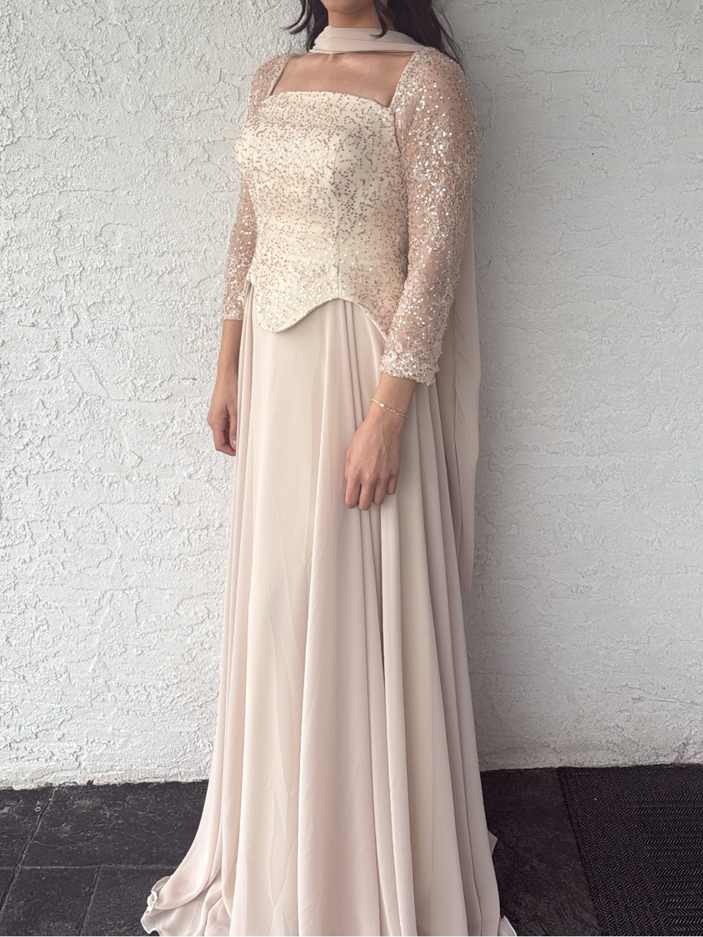 Elegant Women's Long Sleeve Sequin Chiffon Dress - Cream